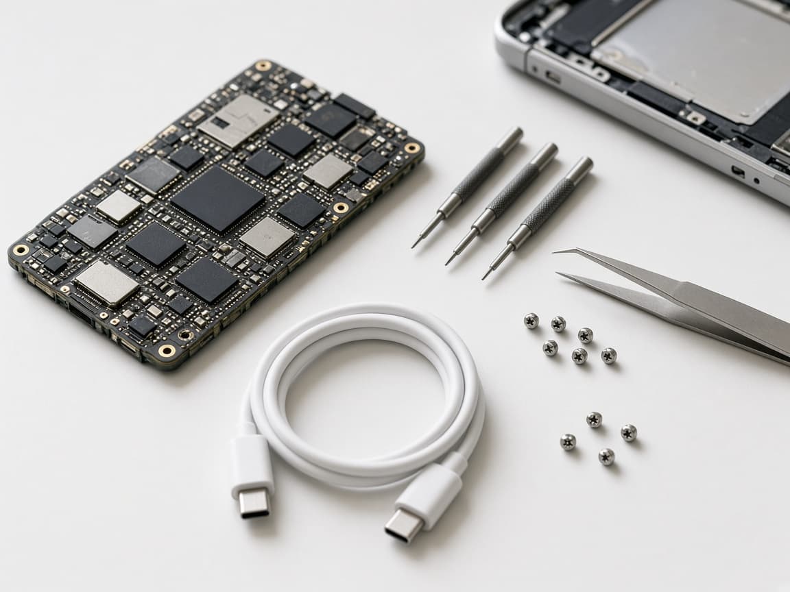 Electronics parts and accessories on a work surface